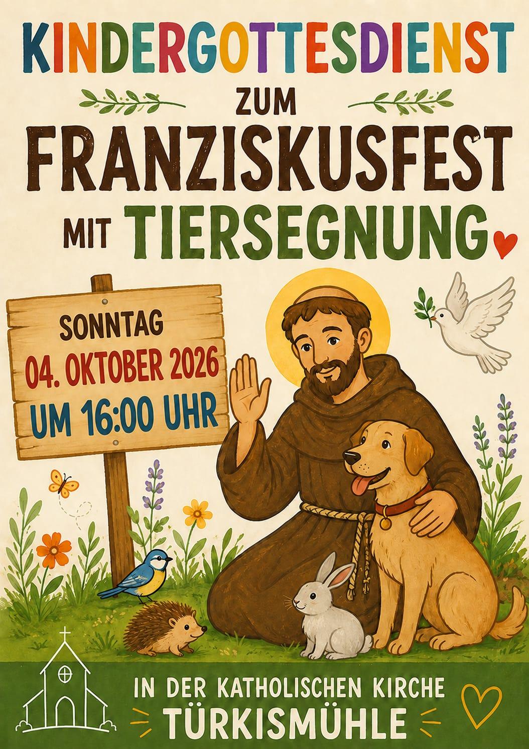 Franziskusfest Tiersegnung Das Plakat enthält alle Daten zum Franziskusfest in Türkismühle mit Tiersegnung