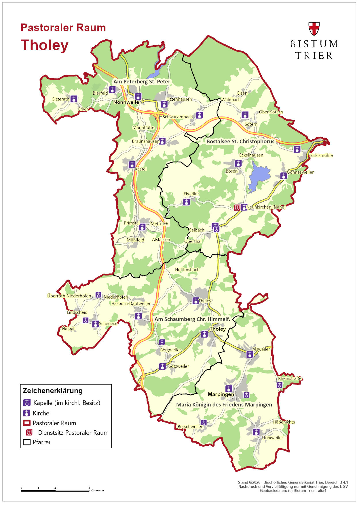 Auf der Karte sind in einer geografischen Übersicht die Pfarreien im Pastoralen Raum Tholey nebst Kirchen und Kapellen eingezeichnet.