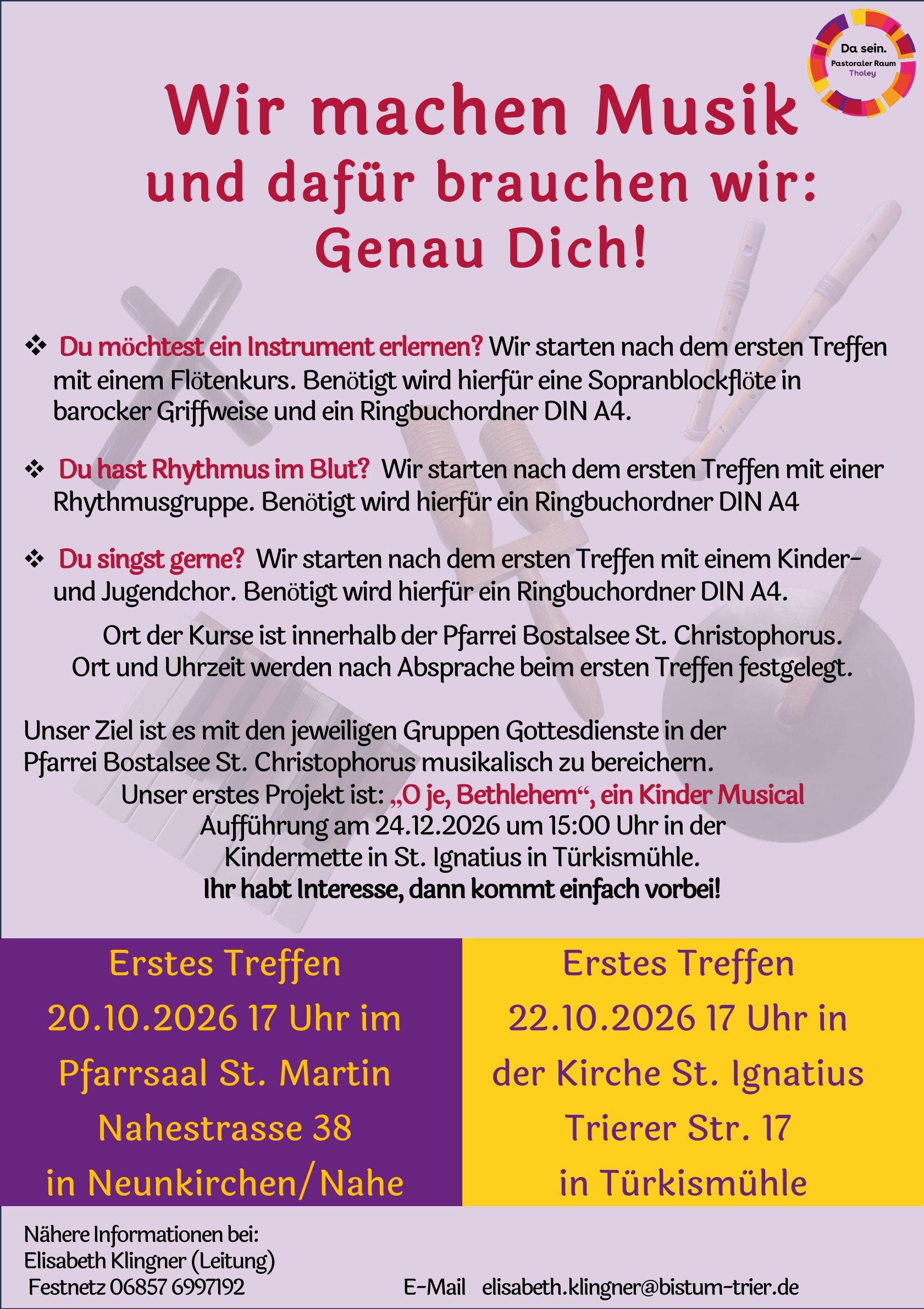 Plakat Wir machen Musik_2026 (c) Elisabeth Klingner Dieses Plakat enthält alle Daten für die neuen Kinder- und Jugendmusikgruppen in der Pfarrei Bostalsee