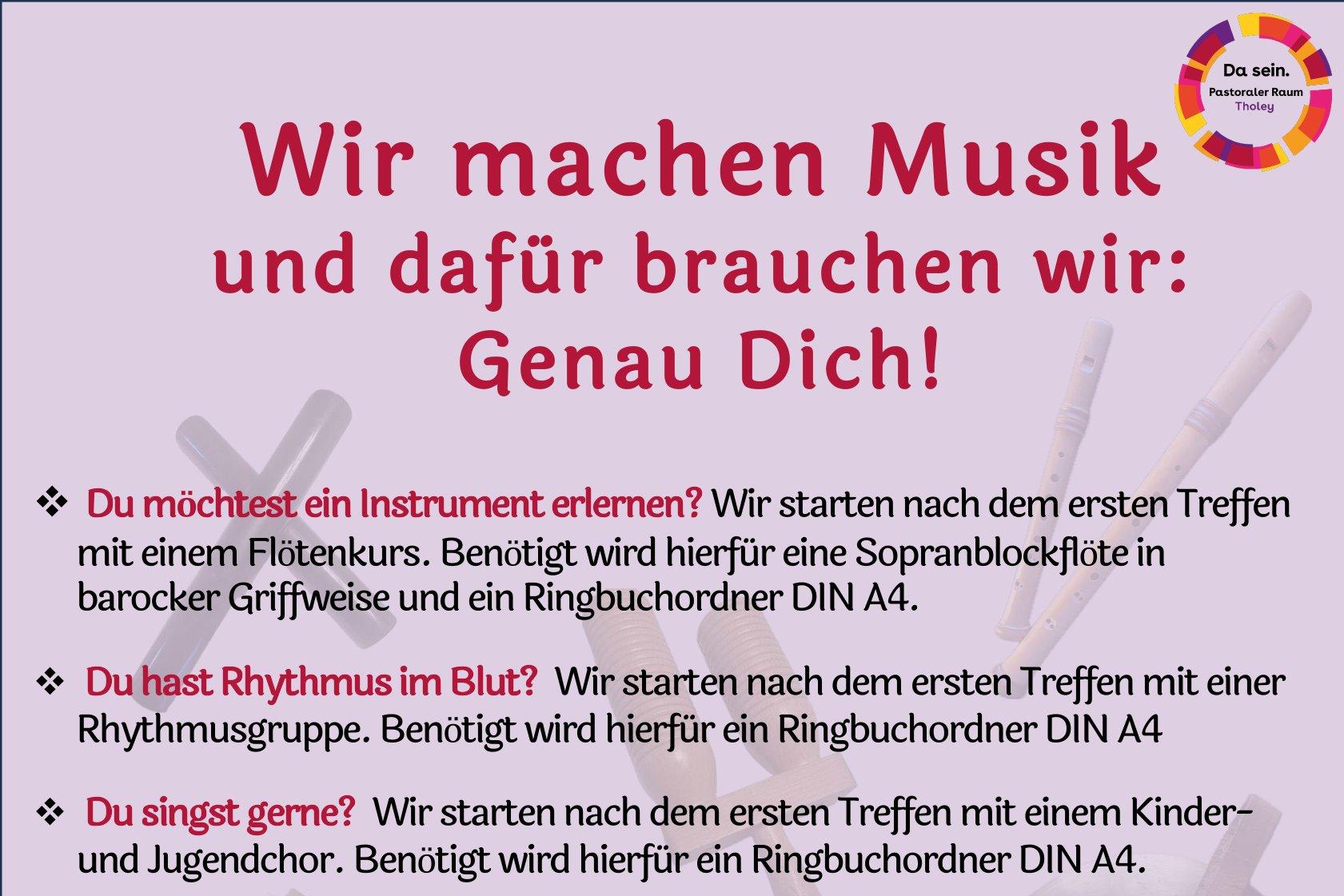 Dieses Plakat enthält alle Daten für die neuen Kinder- und Jugendmusikgruppen in der Pfarrei Bostalsee