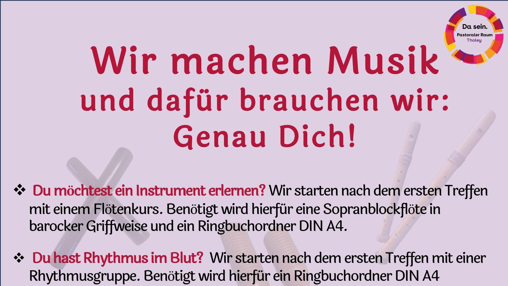 Dieses Plakat enthält alle Daten für die neuen Kinder- und Jugendmusikgruppen in der Pfarrei Bostalsee