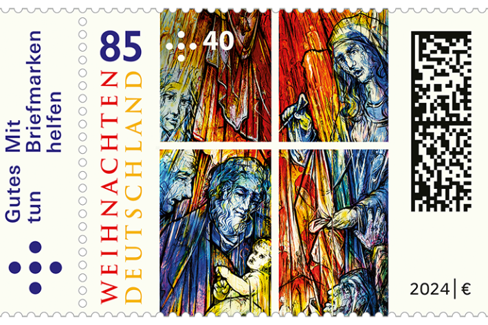 Die Sonderbriefmarke zu Weihnachten 2024 zeigt das Kirchenfenster 'Himmlisches Licht' der Abtei St. Mauritius in Tholey und wurde von der deutsch-afghanischen Künstlerin Mahbuba Maqsoodi gestaltet.